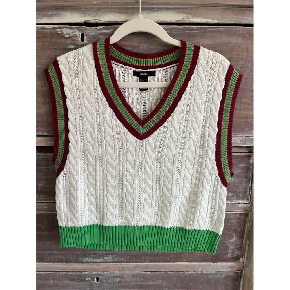 Forever 21 Cable Knit Sweater Vest Medium White Cropped Academia Collegiate Y2K - Picture 2 of 7